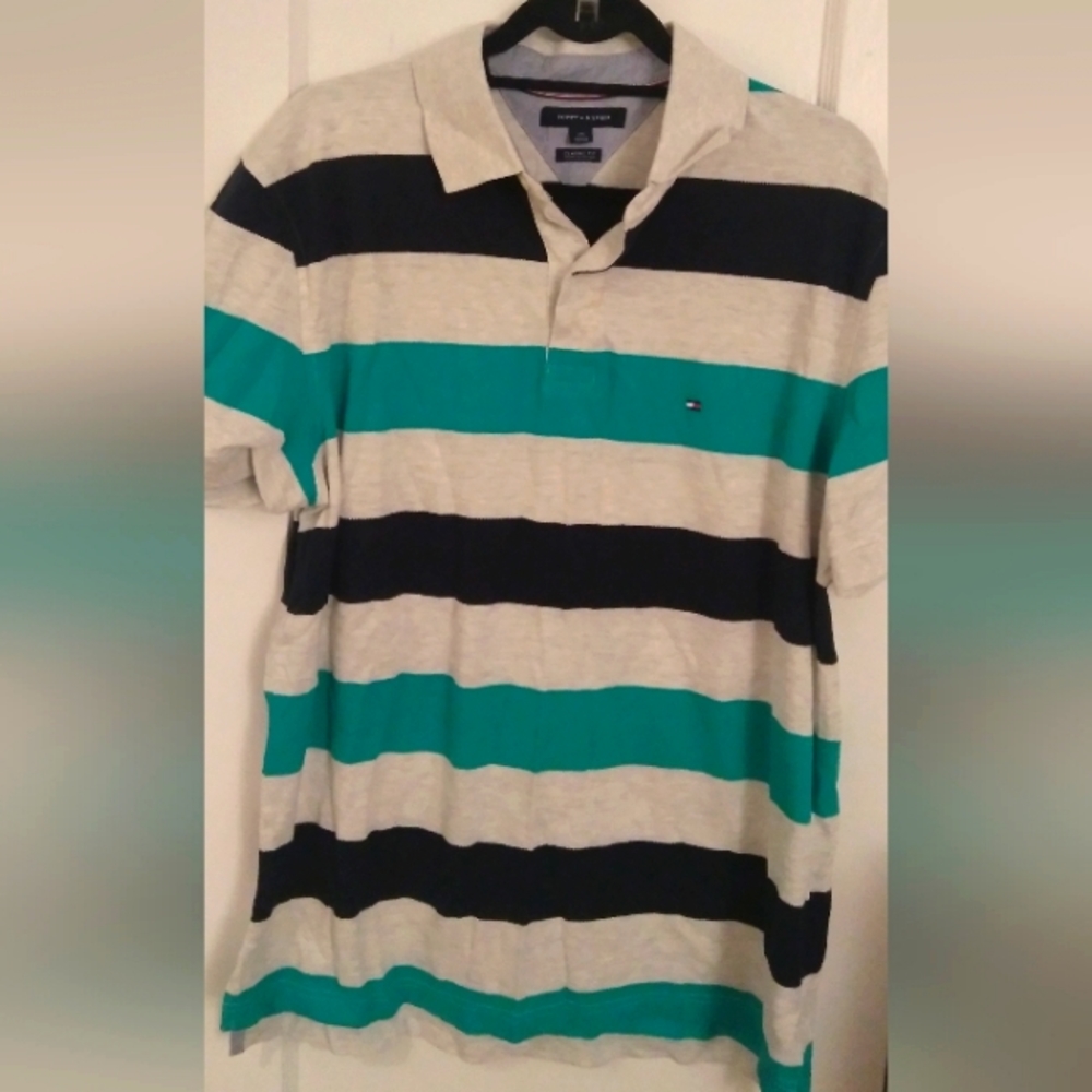 Tommy Hilfiger Polo Shirt Mens Large Blue Grey Teal Striped Short Sleeve Cotton